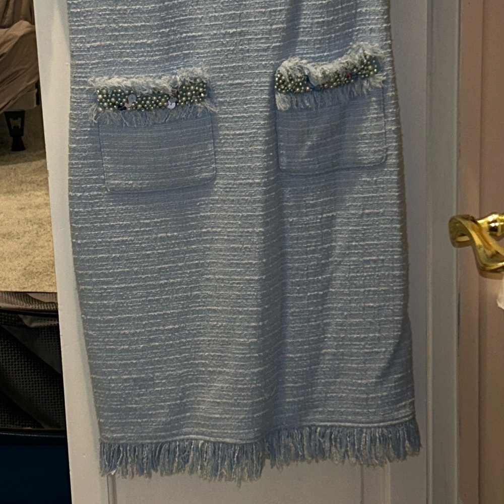 Teri Jon Light Blue Tweed Dress with Fringe Accents - Picture 4 of 4